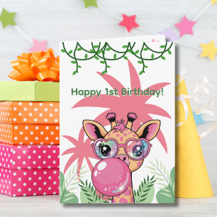 First Birthday Giraffe Pink Bubble Cute Funny  Card