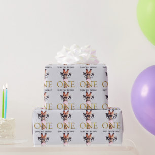First Birthday Giraffe wearing glasses pink gum Wrapping Paper
