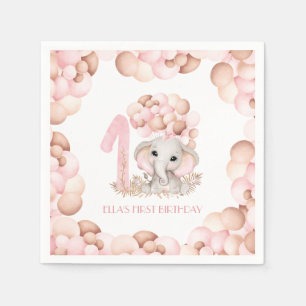 First Birthday Girl Cute Elephant Pink Balloons Napkin