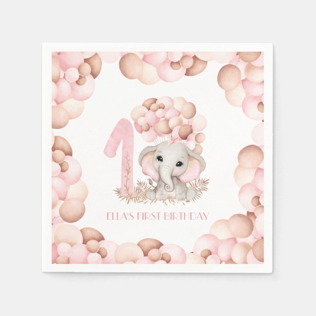 First Birthday Girl Cute Elephant Pink Balloons Napkin (Front)