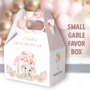 First Birthday Girl Elephant Pink Balloons Small Favor Box