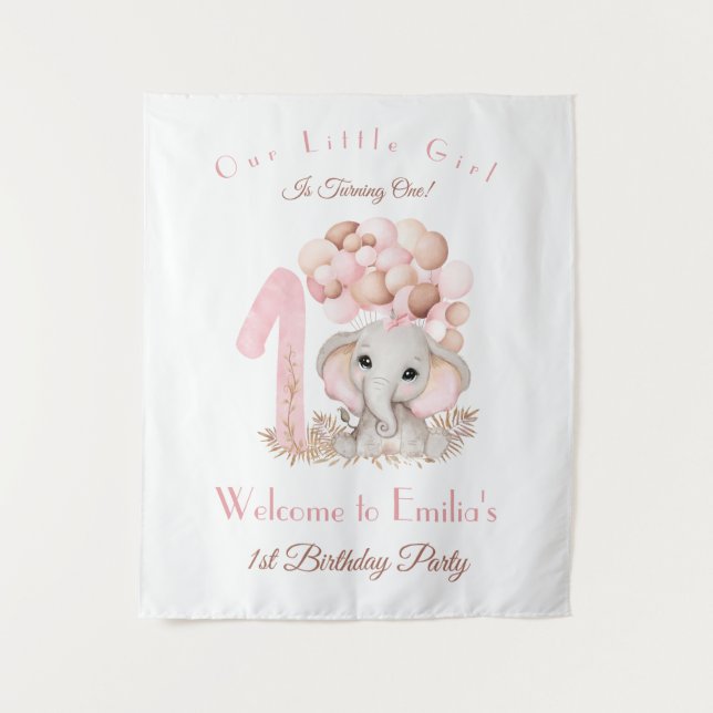 First Birthday Girl Elephant Welcome Sign Tapestry (Front)