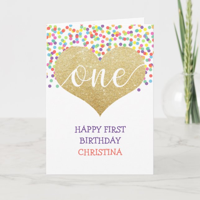 First Birthday Girl Personalized Heart Rainbow Card (Front)