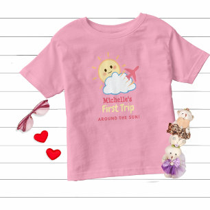 First Birthday Girl Pink Airplane Yellow Sun Cloud Toddler T-shirt