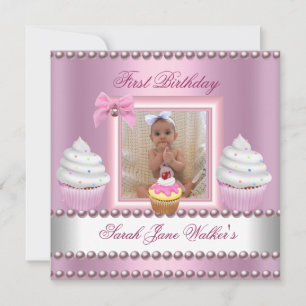 First Birthday Girl Pink Cupcakes White Pearl Invitation