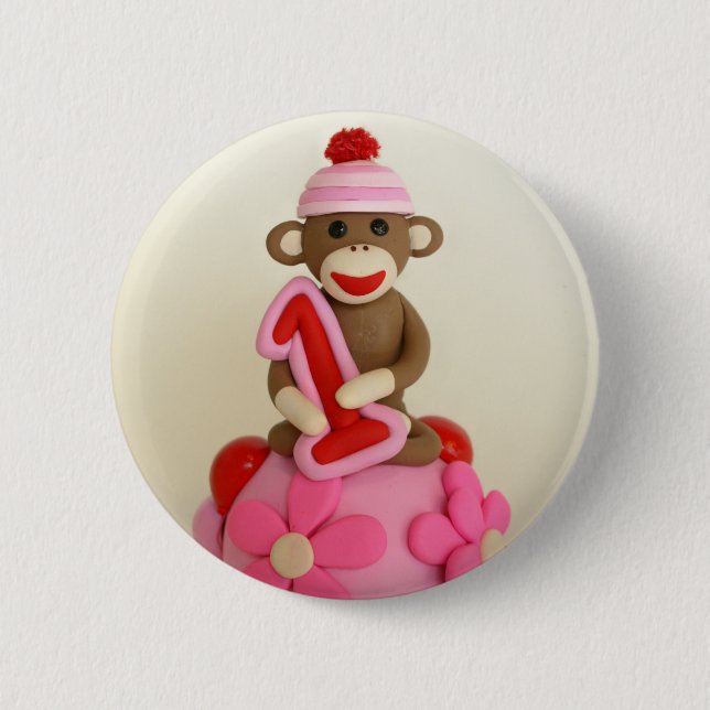First Birthday Girl Sock Monkey Celebration 2 Inch Round Button (Front)