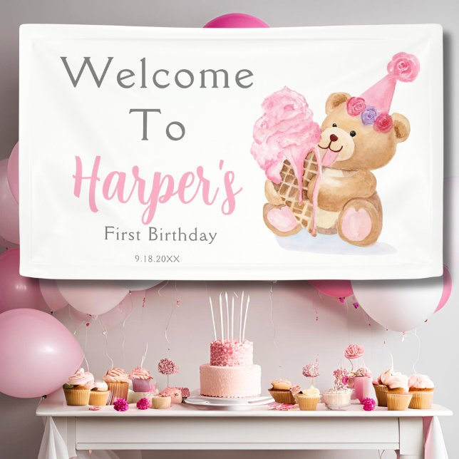 First Birthday Girl Teddy Bear Ice Cream Banner (Creator Uploaded)