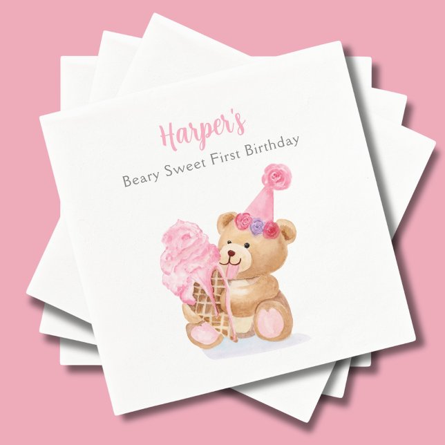 First Birthday Girl Teddy Bear Ice Cream Napkin (Creator Uploaded)