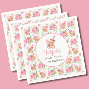 First Birthday Girl Teddy Bear Ice Cream Pattern Napkin