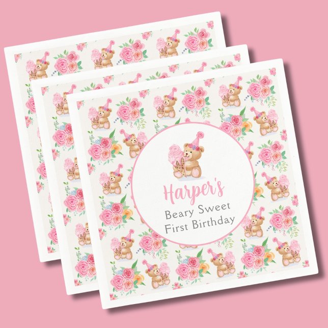First Birthday Girl Teddy Bear Ice Cream Pattern Napkin (Creator Uploaded)