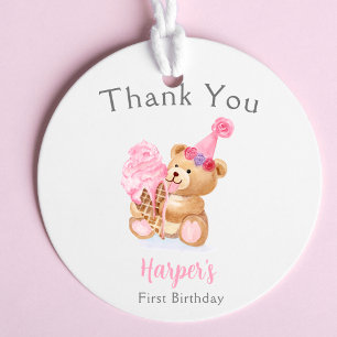 First Birthday Girl's Teddy Bear Ice Cream Favour Tags