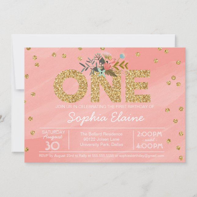 First Birthday, Gold Glitter Confetti, coral pink Invitation (Front)