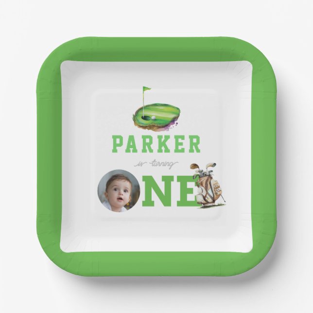 First Birthday Golf Partee Personalized Photo Paper Plate (Front)