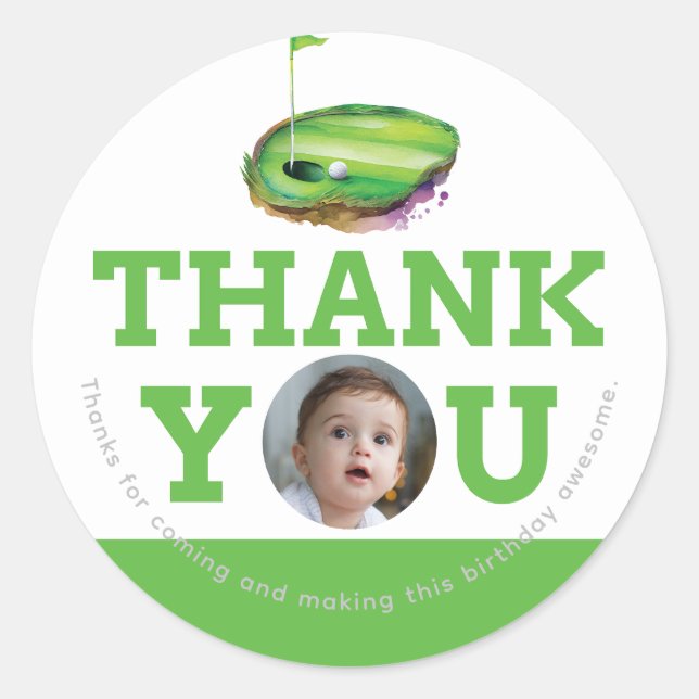 First Birthday Golf Personalized Photo Classic Round Sticker (Front)