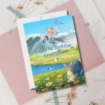 First Birthday Grandson Teddy Bear Flies Airplane Holiday Card<br><div class="desc">Celebrate a little boy’s big milestone with this adorable first birthday card featuring a brave teddy bear pilot soaring above mountains and a dreamy landscape of flowers, a sparkling lake, and a curious bunny below. With soft colours and storybook charm, this card captures the magic of turning ONE. The inside...</div>