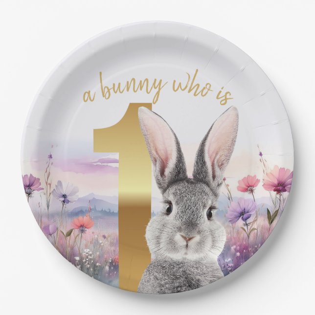 First Birthday Gray Rabbit with Wildflowers Paper Plate (Front)