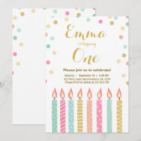 First birthday invitation Girl Confetti Candles