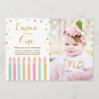 First birthday invitation Girl Confetti Candles