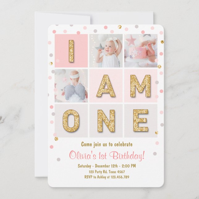 First birthday invitation Girl Pink Gold Confetti (Front)