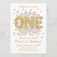First birthday invitation Girl Pink Gold Mint