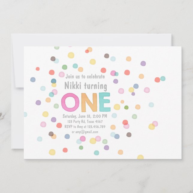 First birthday invitation Girl Watercolor confetti (Front)