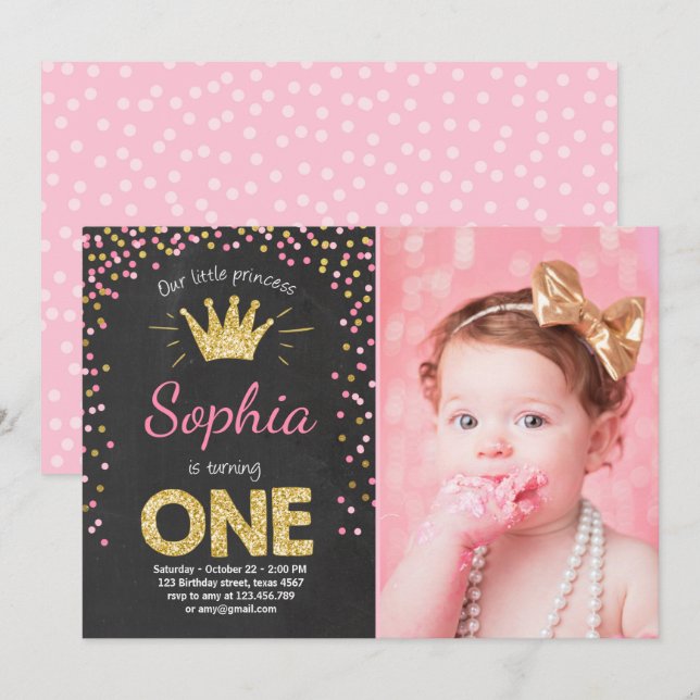 First birthday invitation Princess Gold Pink (Front/Back)