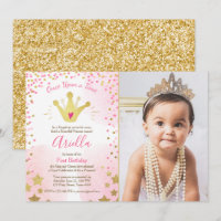 First birthday invitation Princess Gold Pink Crown