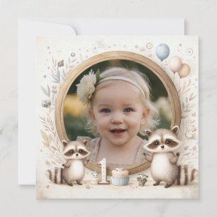 First Birthday Invitation  Raccoon Frame for Photo