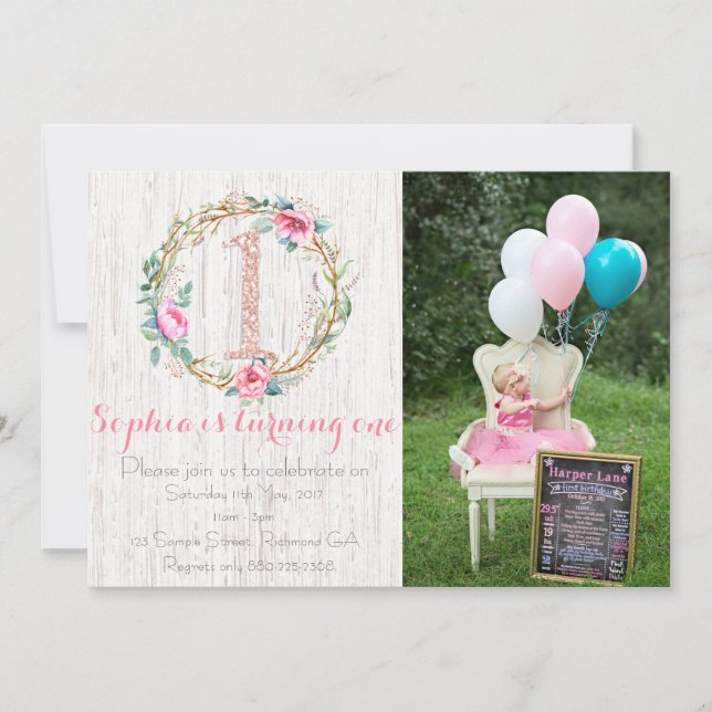 First Birthday Invitation - Watercolor Floral (Front)