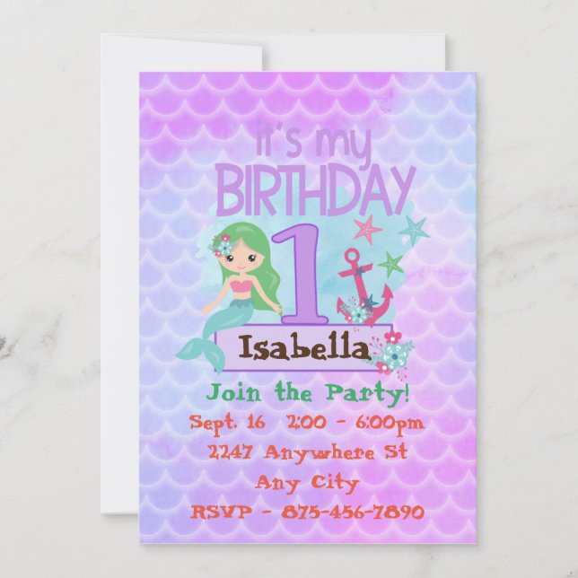 First Birthday Invitations Mermaid (Front)