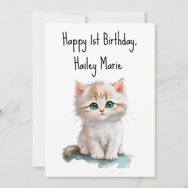 First Birthday Kitten with Blue Eyes Personalized Card (Front)