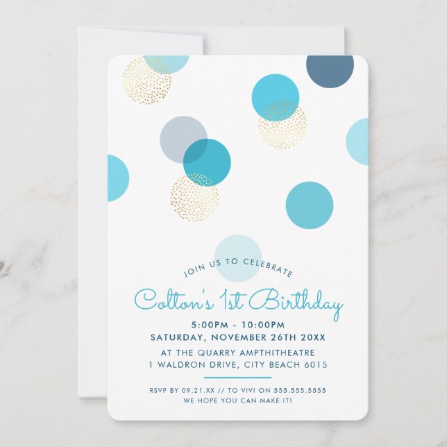 FIRST BIRTHDAY large confetti spots boy blue gold Invitation (Front)