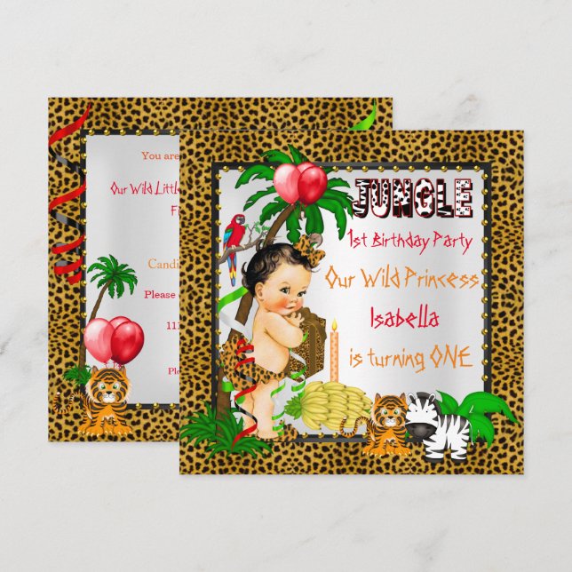 First Birthday Leopard Jungle Safari Wild Brunette Invitation (Front/Back)