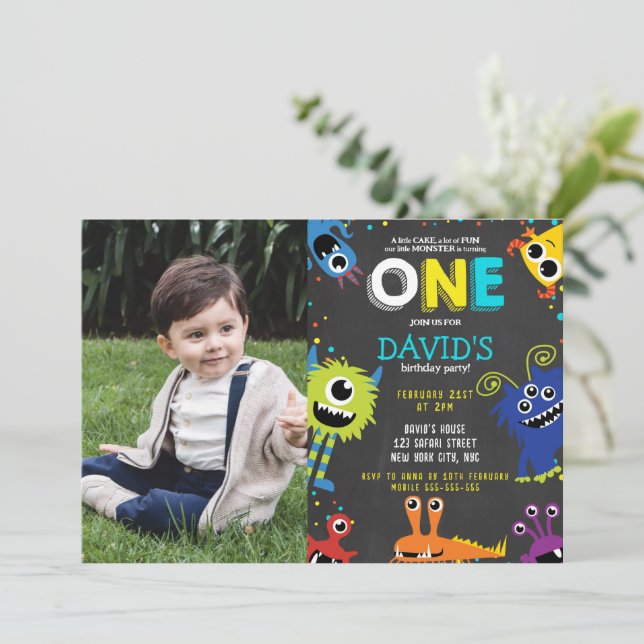 First Birthday Little Monster Chalkboard Photo Invitation (Standing Front)