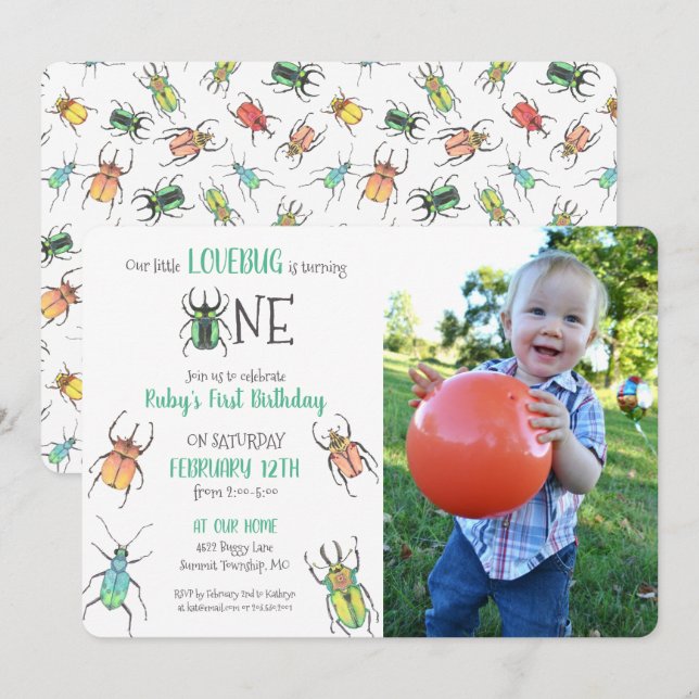 First Birthday Love Bugs Photo Invitation (Front/Back)