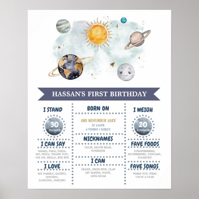 First Birthday Milestones Outer Space Galaxy Poster (Front)