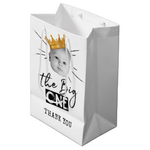 First Birthday Modern Photo Black White Thank you Medium Gift Bag