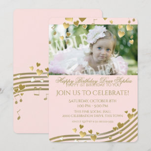 First Birthday Music and Hearts Invitation