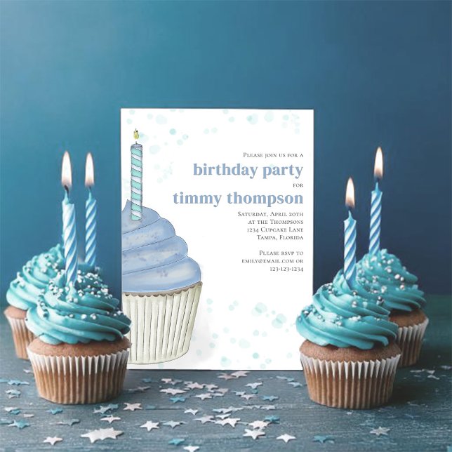 First Birthday Party Blue Cupcake  Invitation (First birthday blue watercolor cupcake invitation.)