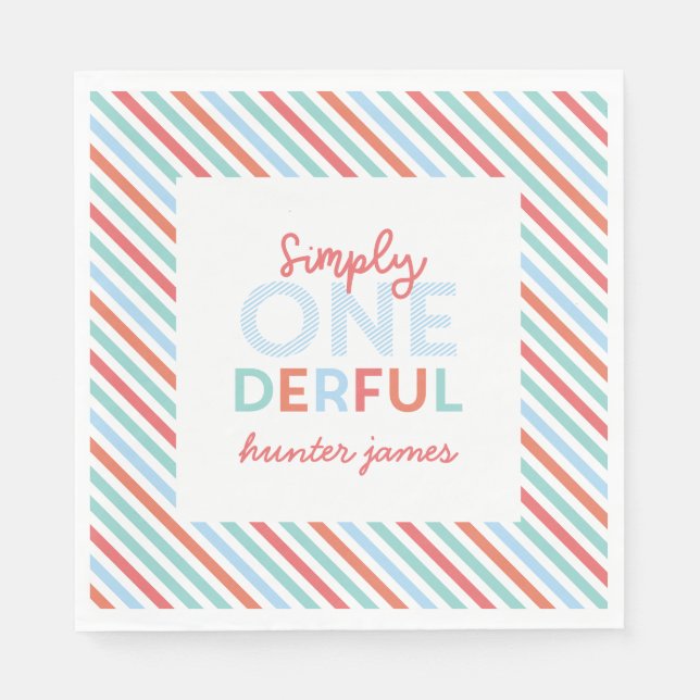 First birthday party bright colourful stripe decor napkin (Front)