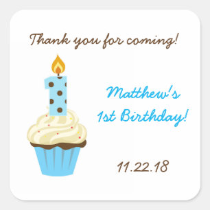 First birthday party favour sticker / blue cupcake