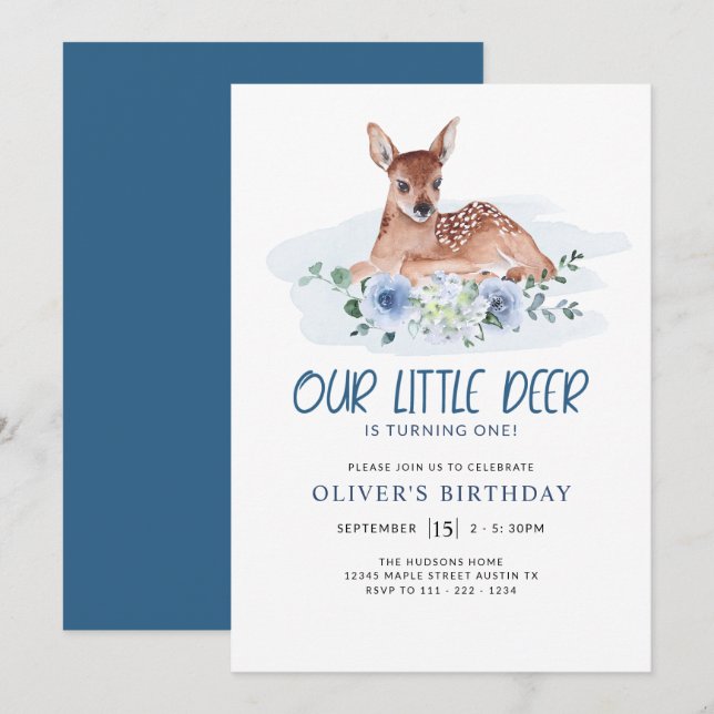 First Birthday Party Little Deer Blue Floral Invit Invitation (Front/Back)