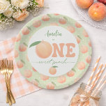First Birthday Party One Sweet Peach  Paper Plate<br><div class="desc">First Birthday Party One Sweet Peach Paper Plates. Celebrate your little one's first birthday with these adorable 'One Sweet Peach' paper plates. Featuring a charming pastel green background with a scattered pattern of ripe peaches and delicate white polka dots, these plates are perfect for a whimsical and sweet celebration. The...</div>