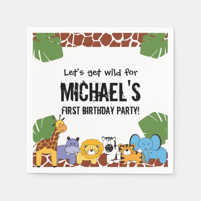 First birthday party personalized Safari Animals Napkin (Front)