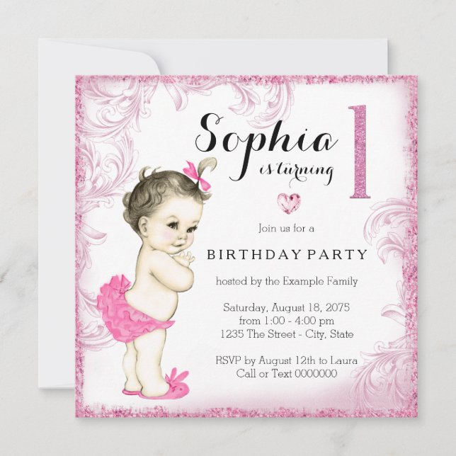 First Birthday Party Pink Glitter Girls Invitation (Front)