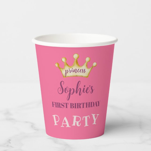 First Birthday Party Pink & Gold Princess Paper Cups (Front)