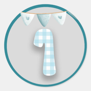 First Birthday Party Sticker Blue Gingham Plaid