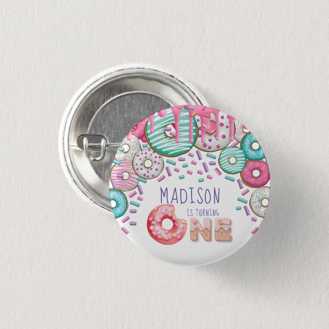 First Birthday  Personalized Doughnut Sprinkles 1 Inch Round Button (Front & Back)