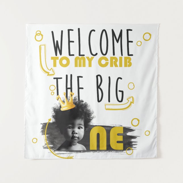First Birthday Photo Black White Yellow Welcome Tapestry (Front)