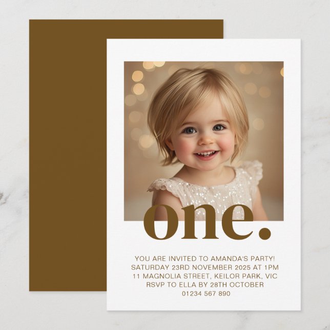 First Birthday Photo Invitation in Brown & White (Front/Back)